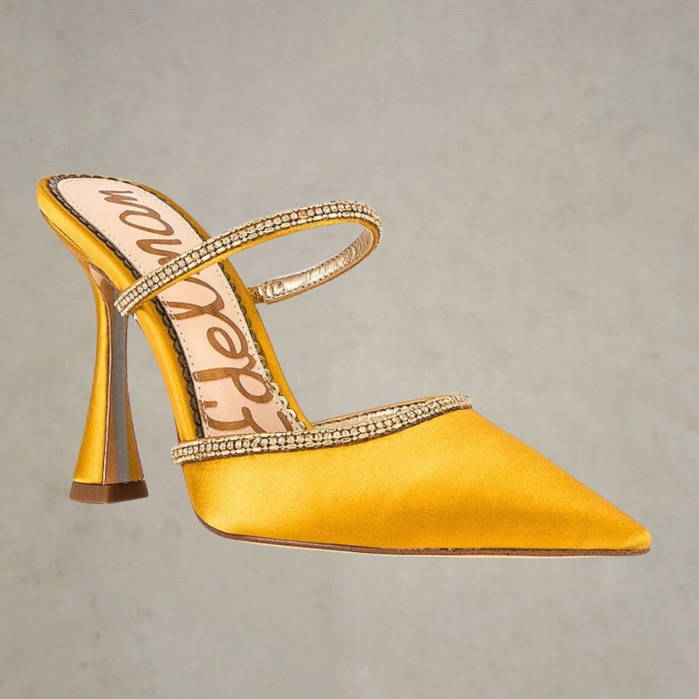 Sam Edelman Anita Marigold Satin Crystal Embellished Pointed Toe Mules Heels 8